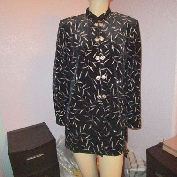 Vtg Black Velvet Embellished Blazer Size M Tunic Long Sleeves Formal Old Money - Picture 1 of 10